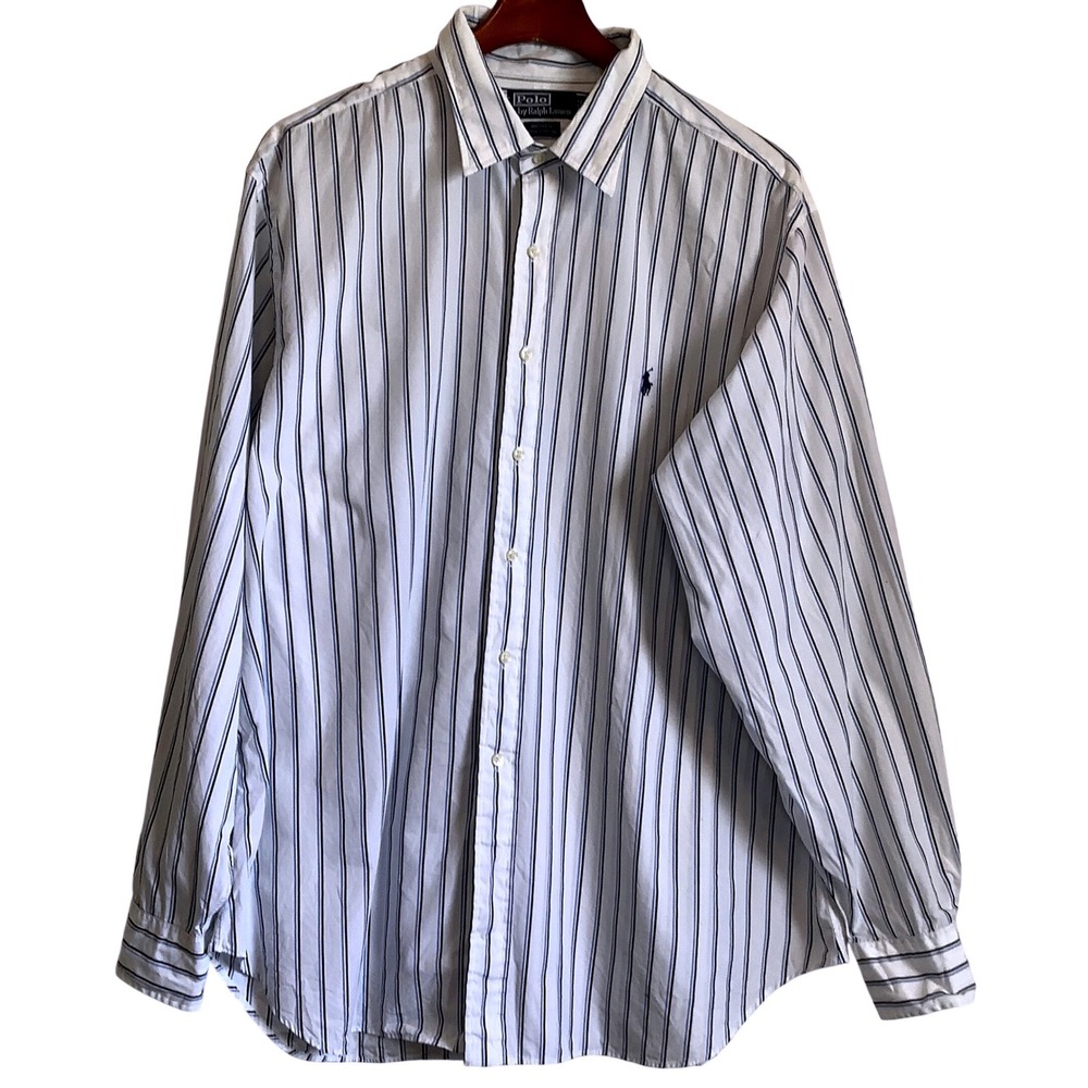 Polo Ralph Lauren Andrew Men 18 36/37 White Blu Striped Cotton Button Down Shirt